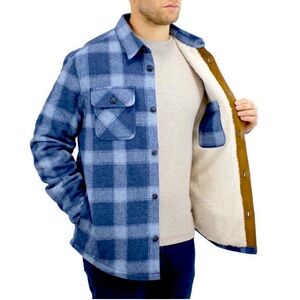 Jachs Mens Large Blue Plaid Flannel Sherpa Lined Faux Fur Shacket With Pockets